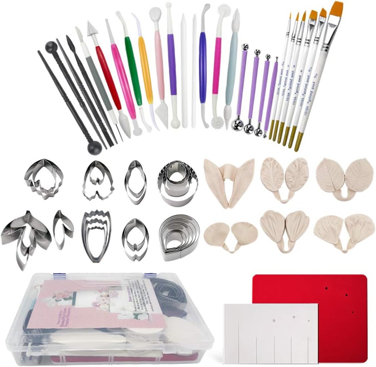 Gumpaste Flowers and Leaves Fondant Tool Kit-6set Fondant Flowers Silicone Mold 7set Gum Paste Flower Cutter Set 20 Flower Clay Modeling Tools 1 Leaf Veining Board 1 Flower Foam Pad 6 Fondant Brushes